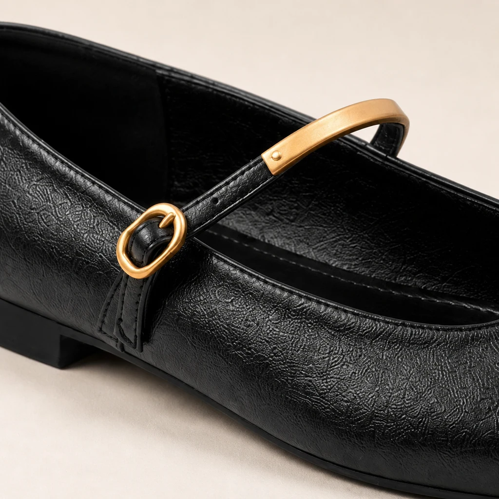 Close-up of the chain strap and upper detail on the Mary Jane flats