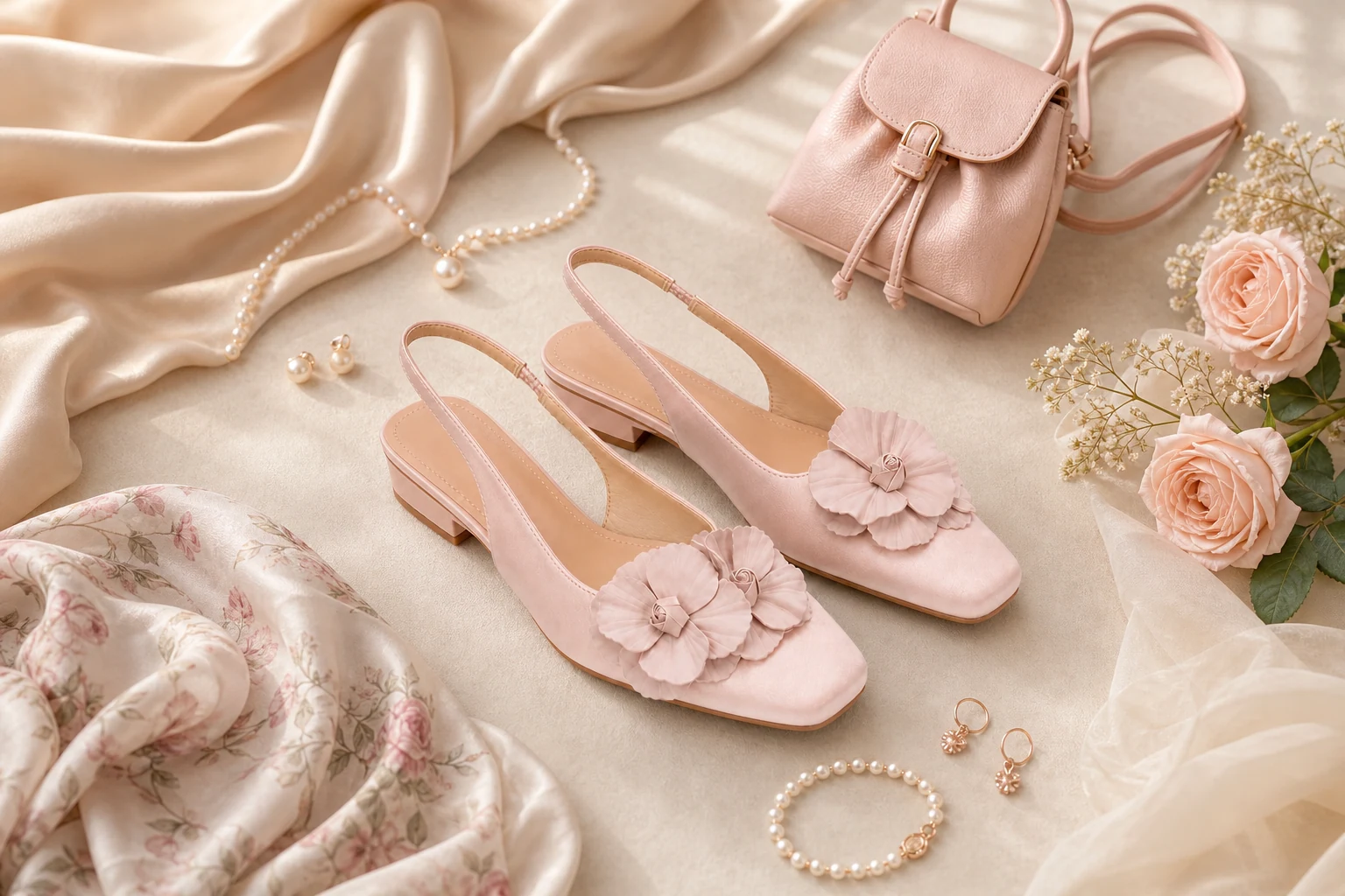 Pink floral slingback heels in a lifestyle product scene
