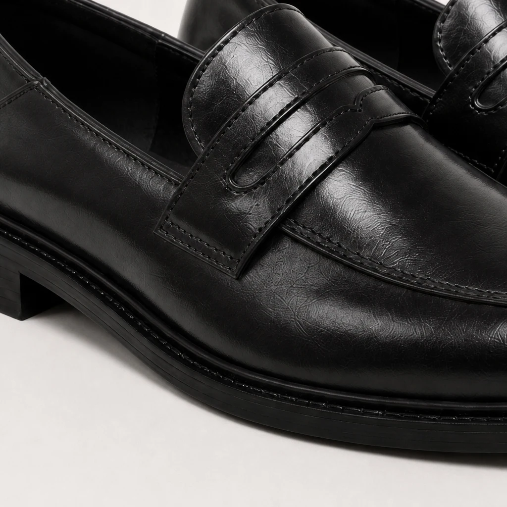 Gros plan sur la texture et les coutures de la partie supérieure du mocassin