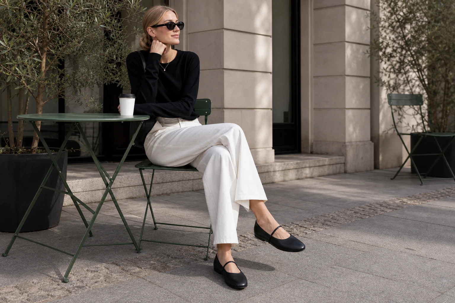 Black rounded toe Mary Jane flats in an everyday product-in-context scene