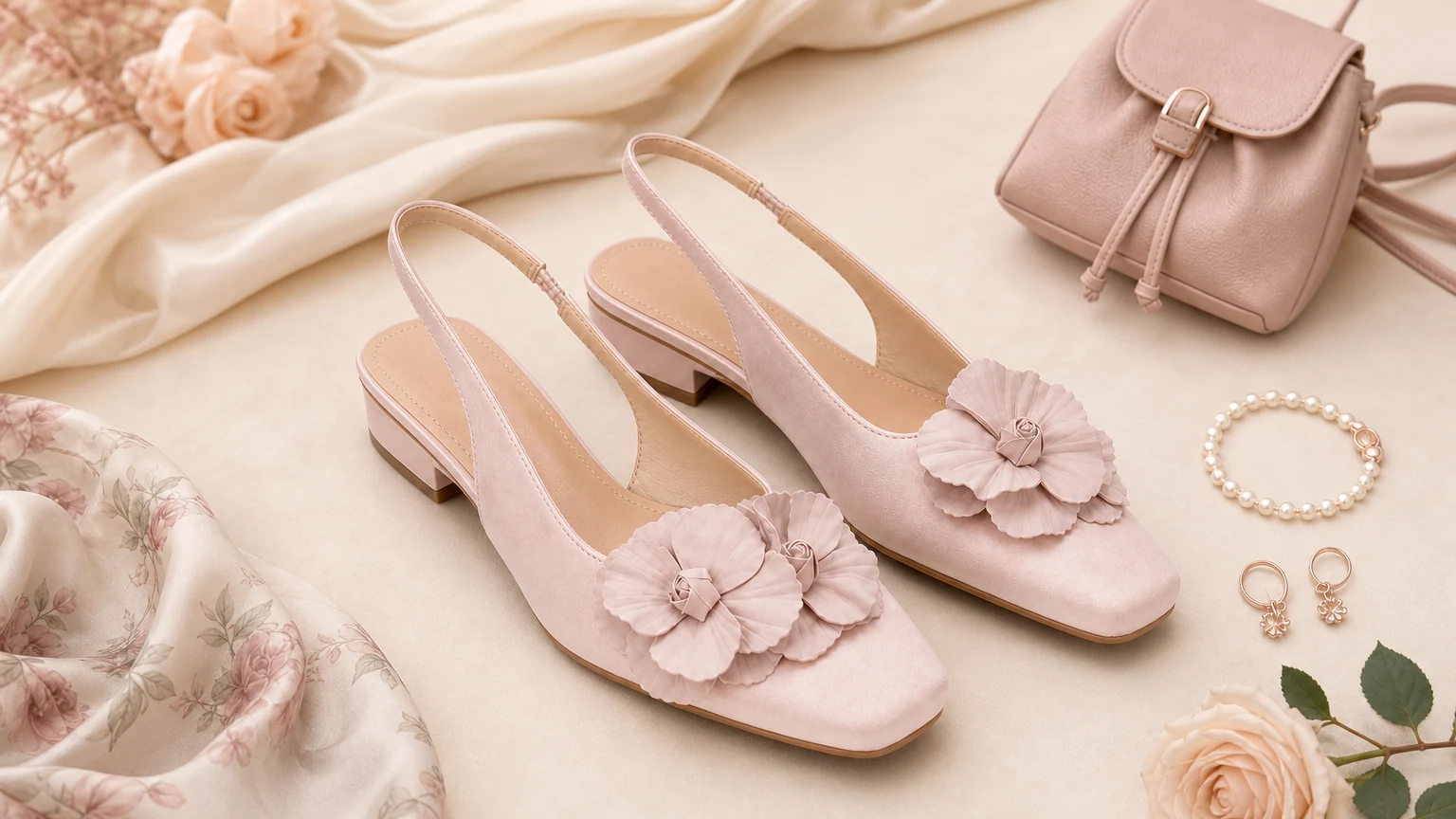 Pink floral applique slingback heels styled in an elegant scene