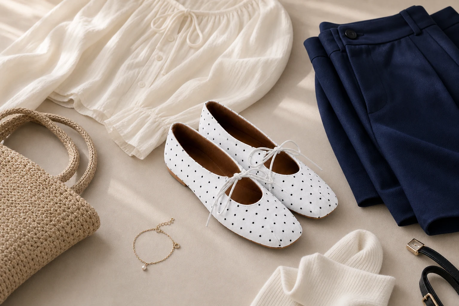 Ballerines coussinées rétro à lacets dans une scène de style de vie