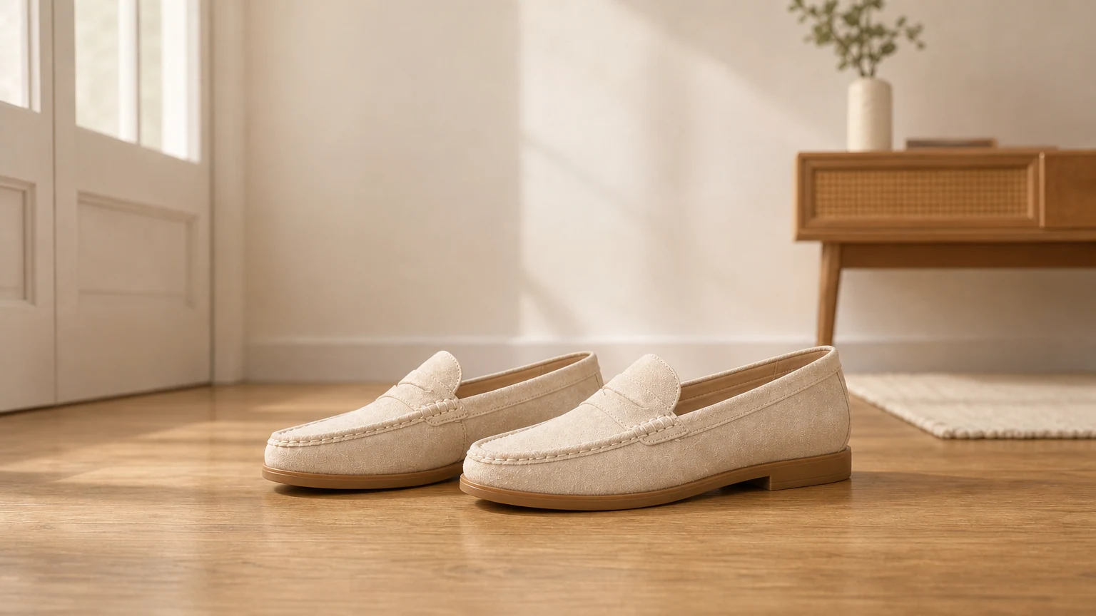 Mocasines planos informales sin cordones diseñados en una escena de estilo de vida horizontal
