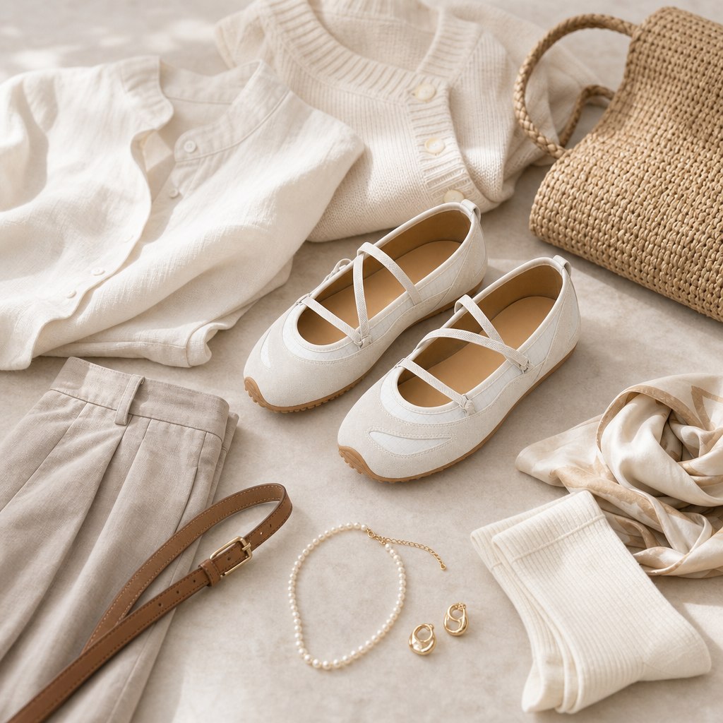 Ballerine con cinturino albicocca in un piatto in stile disteso con abbigliamento e accessori