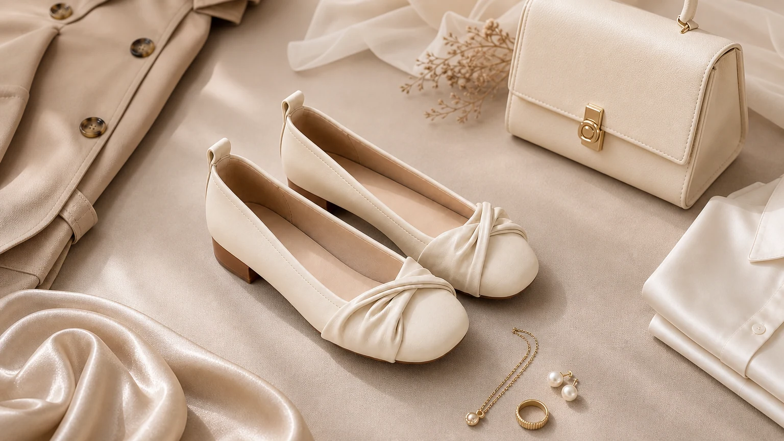 Soft ruched apricot low-heel flats styled in a clean lifestyle scene