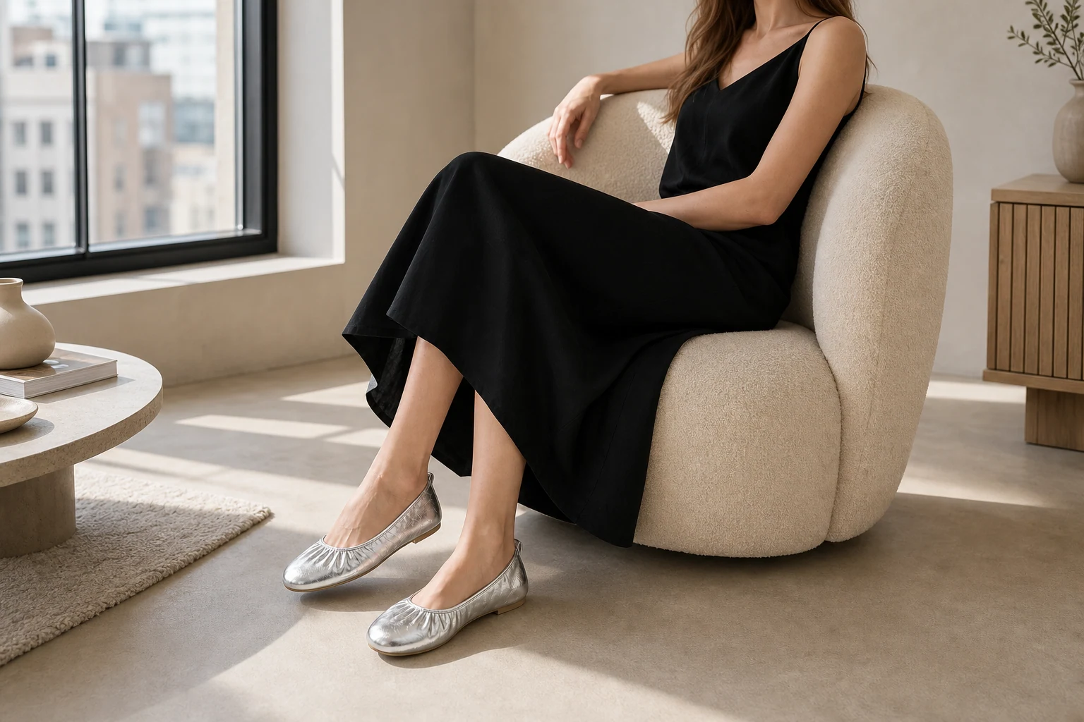 Ballerines froncées dans une scène de produit décontractée en contexte