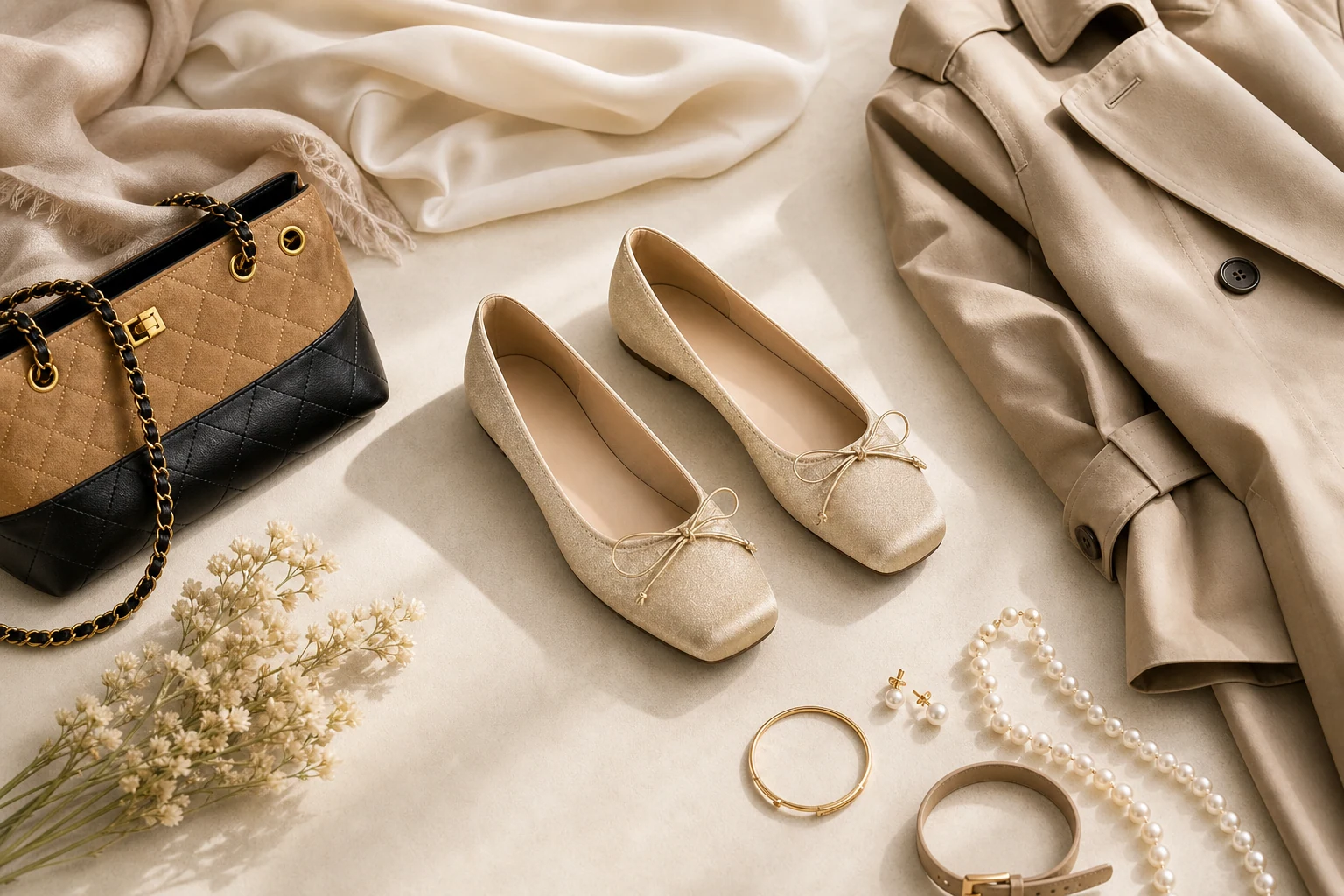 Ballerinas mit Schleife in einer sanften Produkt-im-Kontext-Szene