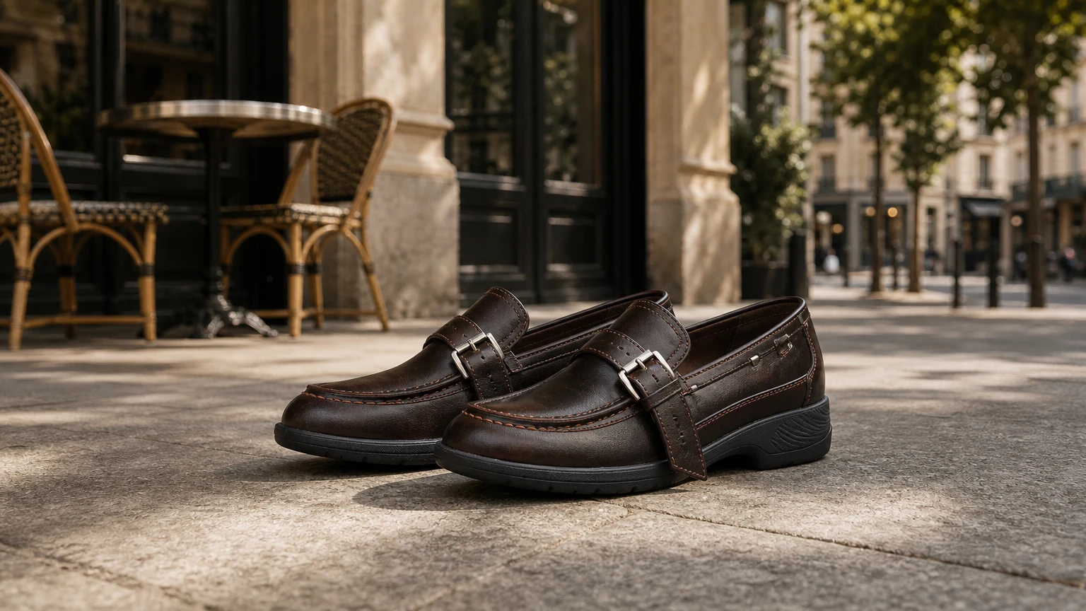 Opvallende damesloafers met riemaccent, vormgegeven in een horizontale lifestyle-scène