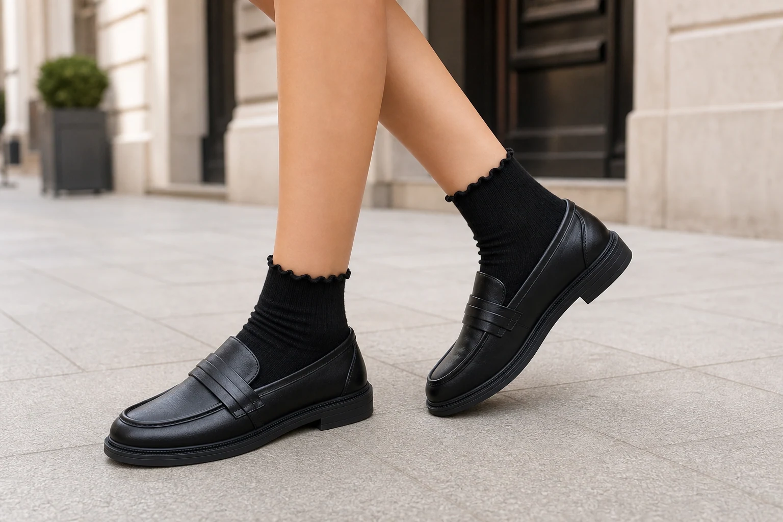 Mocassins noirs centrés sur une scène de produits lifestyle