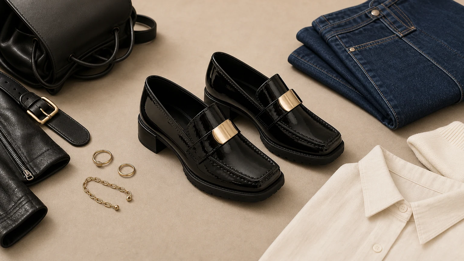 Elegante zwarte loafers met hak en noppenzool, vormgegeven in een smart casual scene