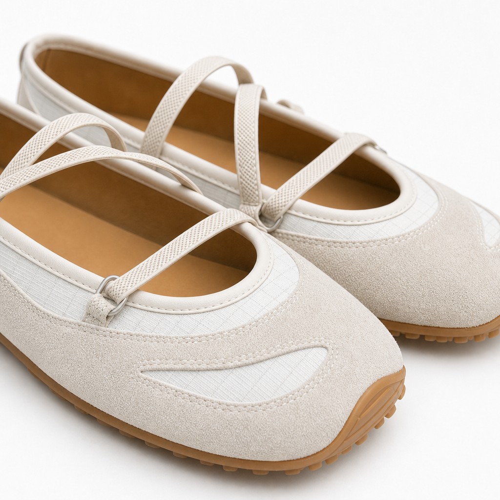 Dettaglio ravvicinato delle ballerine con punta quadrata e strappy che mostrano cinghie, forma della punta e suola