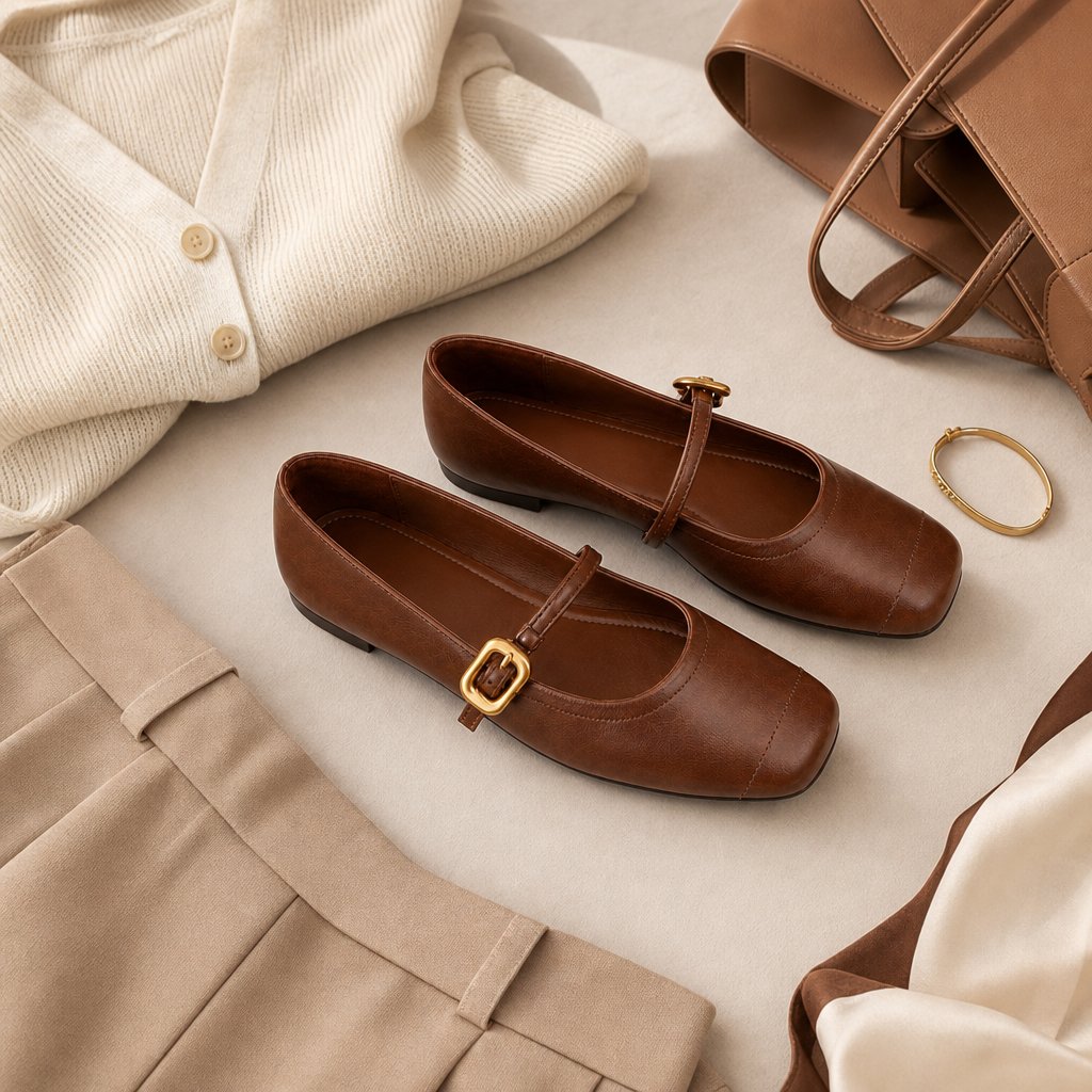 Black Mary Jane flat showing buckle strap and toe detail