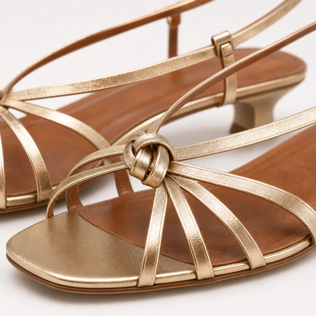 Detailaufnahme des goldfarbenen Sandalenmaterials mit offener Zehenpartie und der Riemenkonstruktion