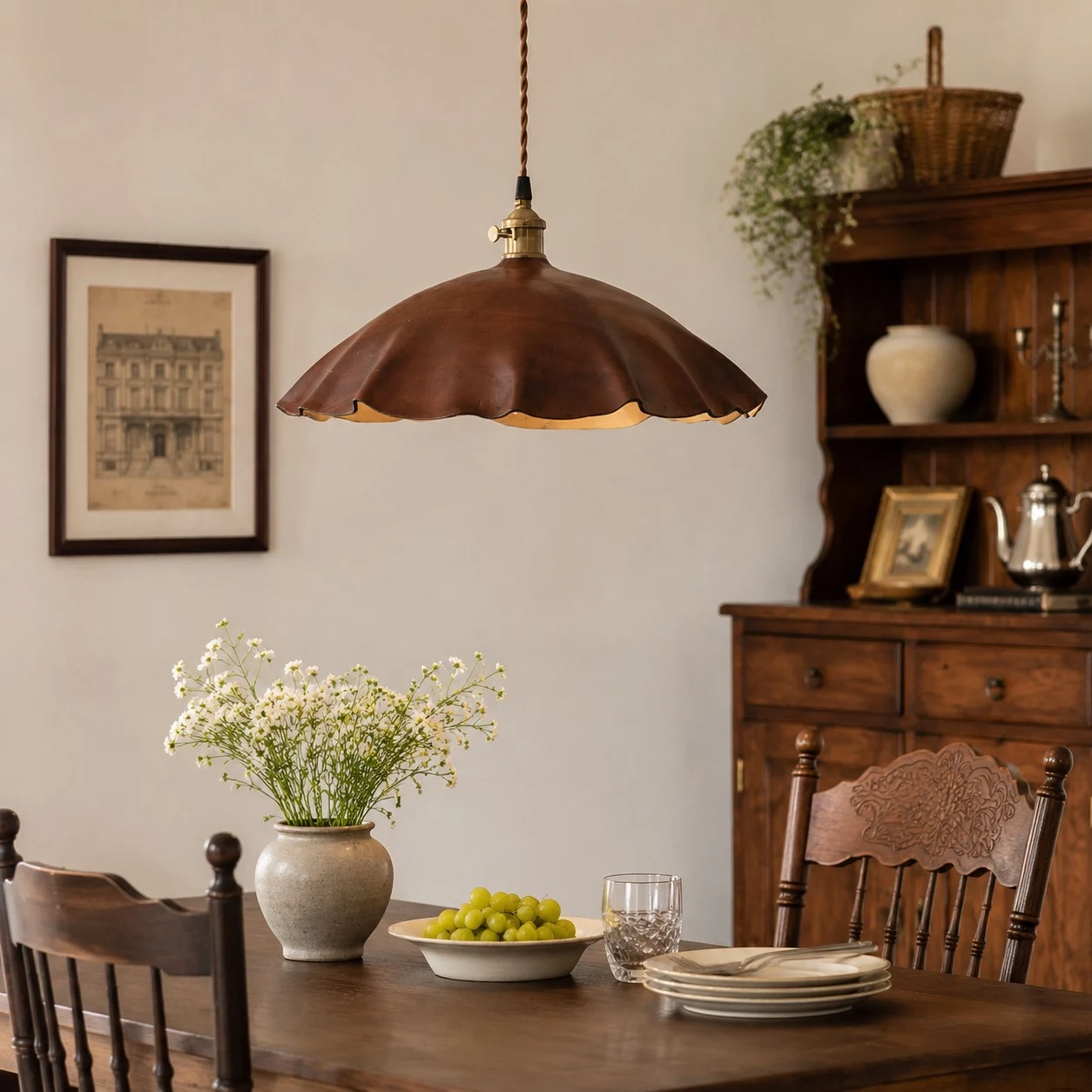 Leather pendant lamp in a warm bedside scene