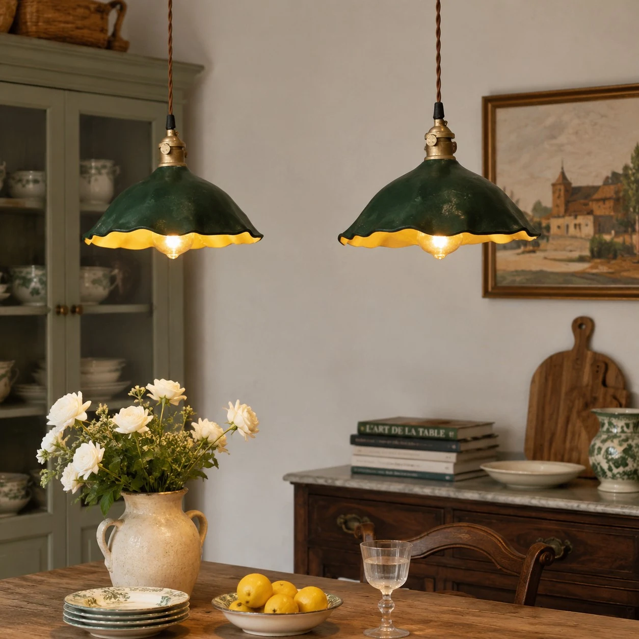 Leather pendant lamp above a compact dining table scene