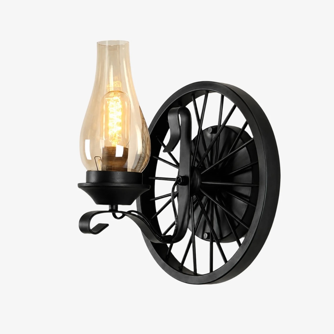Black wagon wheel wall sconce with one light head