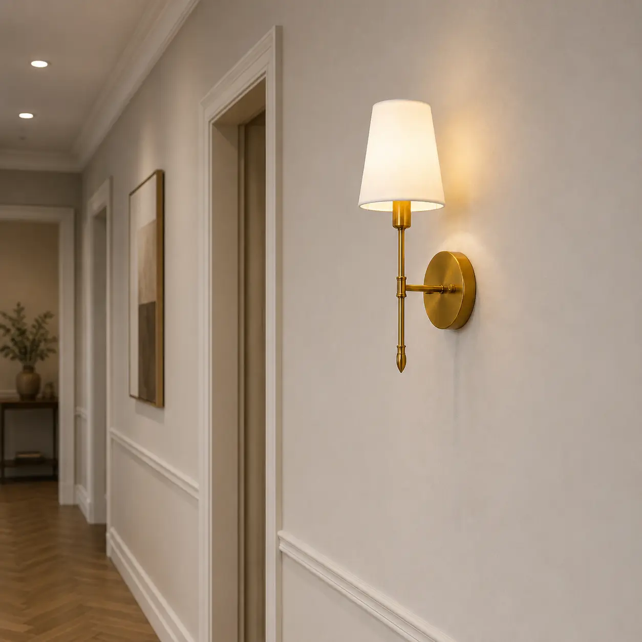 Vintage brass wall light installed in a European-style interior