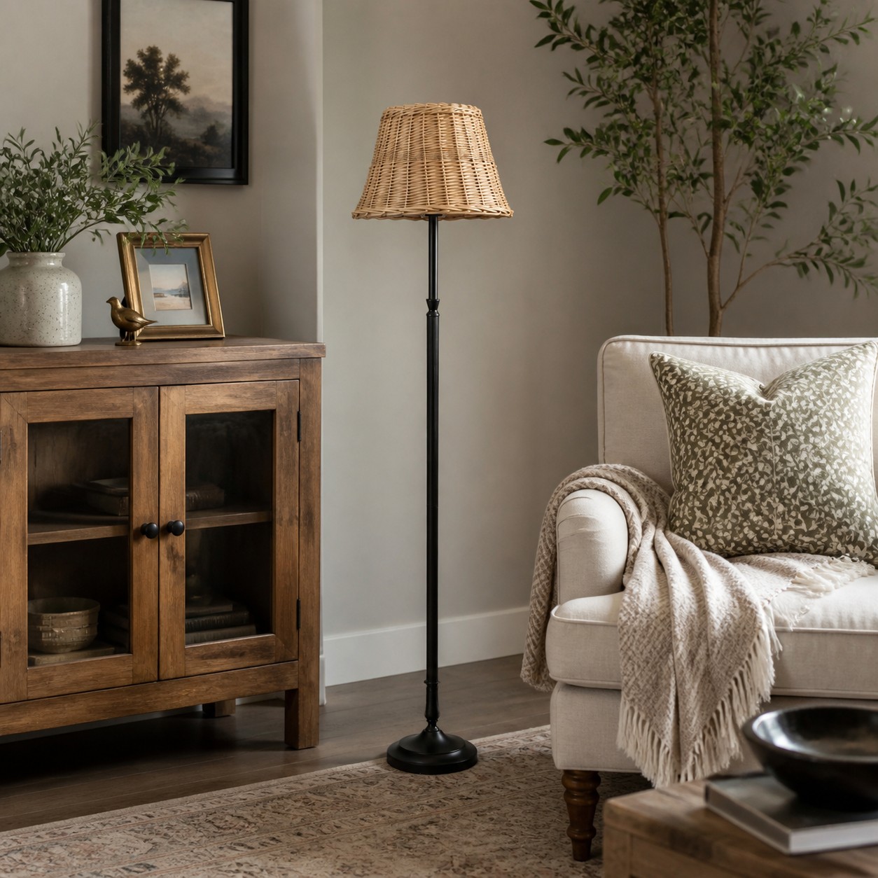 Rattan shade floor lamp beside sofa and wood cabinet