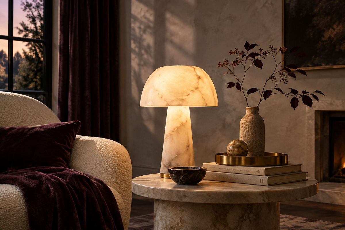 Amber glass lighting, plum silk and warm architectural shadows