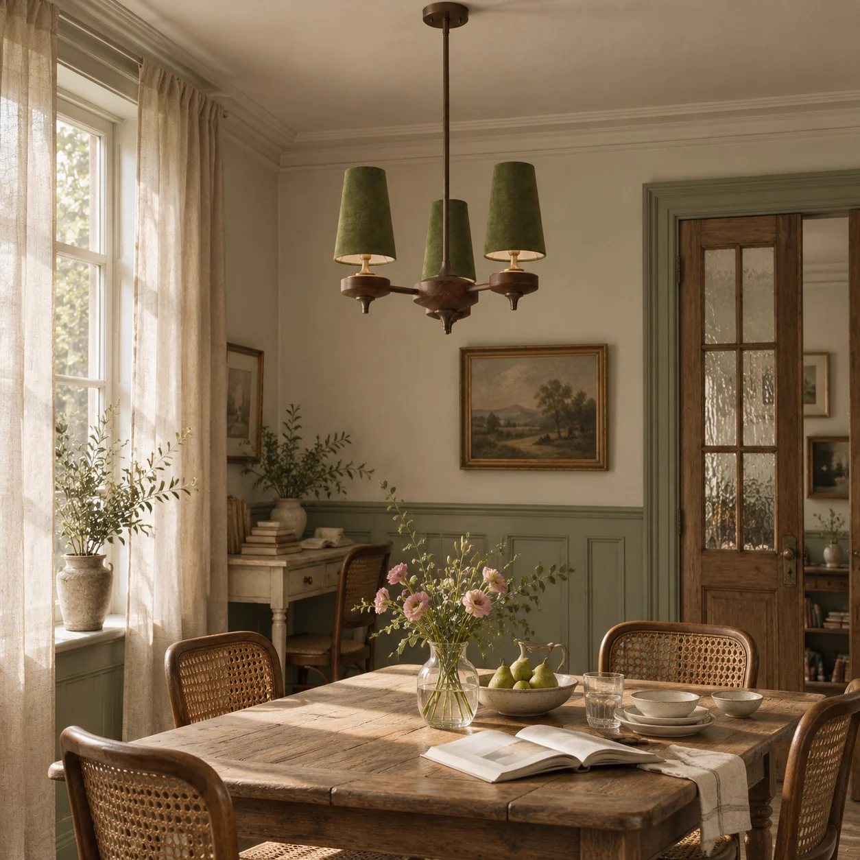 3-light Hour Rho chandelier in green velvet styled in a warm interior